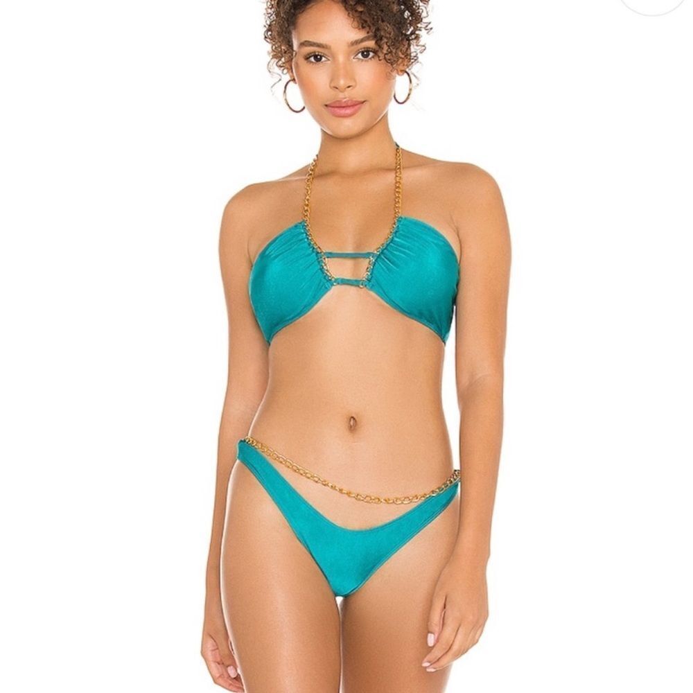 Michael Costello x Revolve Monica teal chain Cheeky Bikini- Size Small